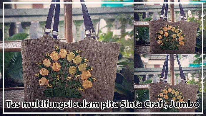 Tas multifungsi sulam pita Jumbo, warna coklat kopi susu, dimensi : Alas 13x30cm, Tinggi 25cm, lebar atas 41. Handle cangklong bahan kulit asli. Harga Rp.450.000,-
