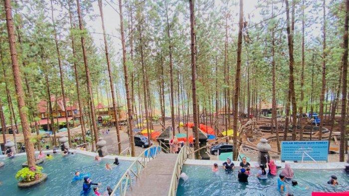 suasana di area kolam renang yang ada di Guci Forest Kabupaten Tegal. Terlihat bagian dua sisi kolam dipenuhi pengunjung baik yang menginap atau sengaja datang untuk berenang saja, Minggu (24/7/2022). Adapun dengan tiket Rp 25 ribu sudah termasuk free mandi di kolam renang.