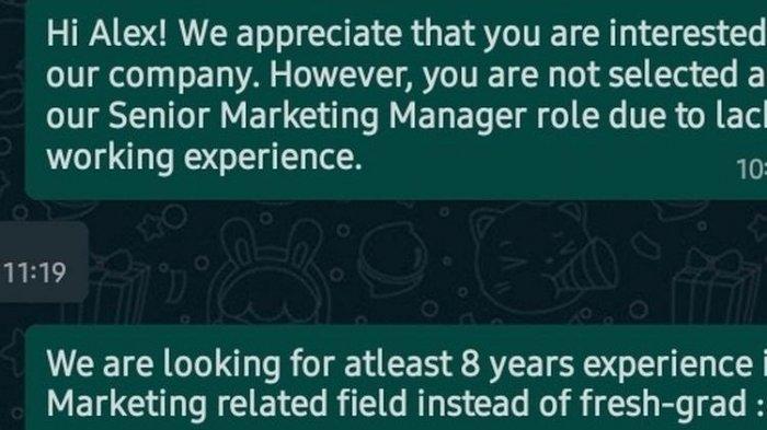Tangkapan layar dari percakapan WhatsApp seorang HRD perusahaan dengan pelamar kerja yang merupakan fresh graduate dengan IPK 3,5 di Malaysia. Si lulusan baru bernama Alex melamar posisi manajer senior dan lamarannya ditolak, tetapi dia justru marah dengan berkata kasar.