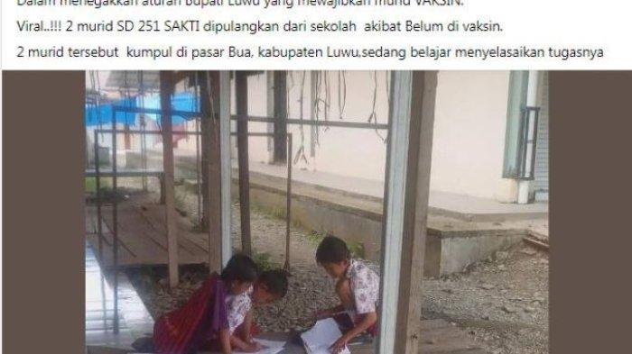 Viral foto murid SD belajar di teras pasar karena tidak diperbolehkan masuk sekolah gara-gara belum vaksin Covid-19. (Facebook Jumardi Ambo Sakka)