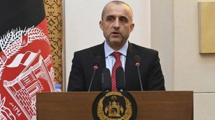 Wakil Presiden Afghanistan Amrullah Saleh berbicara selama acara di istana kepresidenan Afghanistan di Kabul pada 4 Agustus 2021.