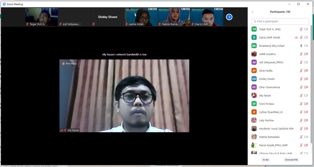 Dr. Elly Hasan Sadeli, M.Pd sebagai dewan juri Lomba essay antar mahasiswa tingkat nasional dalam rangkaian acara pekan Pancasila (Pekasila 2021).