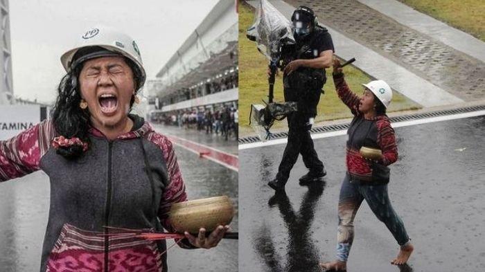 Aksi pawang hujan Rara Istiani Wulandari meredakan hujan pada ajang MotoGP di Sirkuit Mandalika.