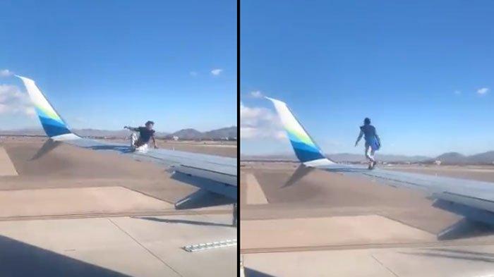 Tangkapan layar video viral pria naik ke sayap pesawat sebelum lepas landas di bandara.