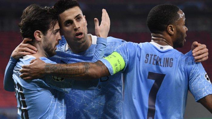 Bernardo Silva merayakan gol pertama Liga Champions UEFA, Borussia Moenchengladbach vs Manchester City di Puskas Arena di Budapest pada 24 Februari 2021.