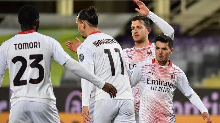 Brahim Diaz selebrasi di Liga Italia Serie A Fiorentina vs AC Milan pada 21 Maret 2021 di stadion Artemio-Franchi di Florence.