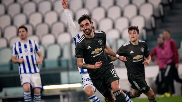 Pemain Manchester United, Bruno Fernandes berkontribusi besar berkat 2 golnya dalam kemenangan telak 4-0 Setan Merah di babak 32 besar Liga Eropa 2020-2021, Jumat (19/2/2021) dini hari WIB.