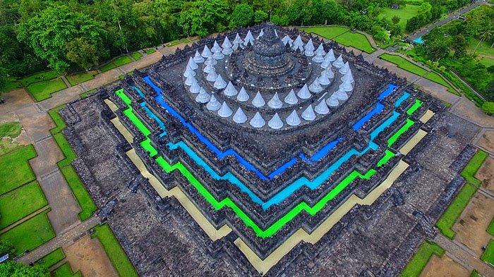 Candi Borobudur yang abu-abu tampak berwarna warni di sepanjang lantai atau lorong. Ternyata karena adanya Terpaulin yang menutupi lorong dan stupa. Terpaulin ini menjadi tudung untuk melindungi candi dari abu vulkanik Gunung Merapi.