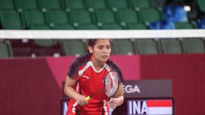 Pebulu tangkis tunggal putri Indonesia, Gregoria Mariska Tunjung, pada babak penyisihan pertama di Musashino Forest Sport Plaza, Minggu (25/7/2021).