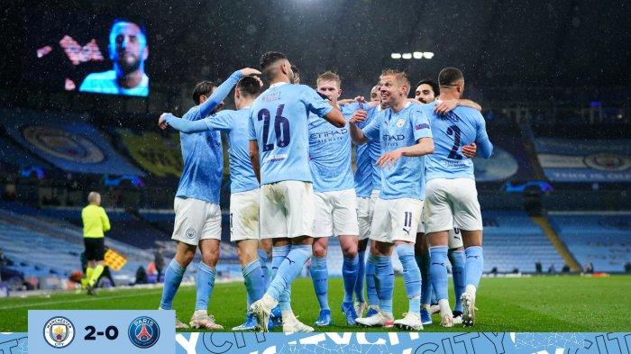 Selebrasi pemain Manchester City menyambut gol kedua Riyad Mahrez ke gawang PSG pada semifinal leg kedua di Stadion Etihad, Rabu (5/5/2021).