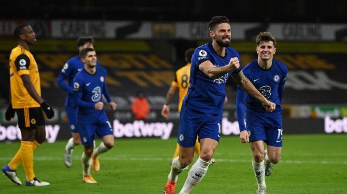 Olivier Giroud setelah mencetak gol saat Wolves vs Chelsea di Liga Inggris