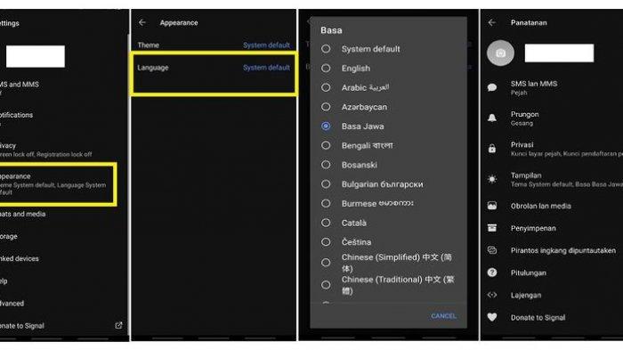 Cara mengubah pengaturan aplikasi Signal ke Bahasa Jawa.