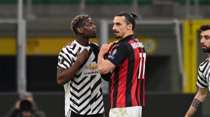 Pogba dan Ibrahimovic saat tampil di laga AC Milan kontra Manchester United di ajang Liga Europa di San Siro, Jumat (19/3).