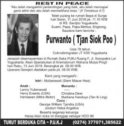 Berita Duka Cita : Purwanto ( Tjan Siok Poo )
