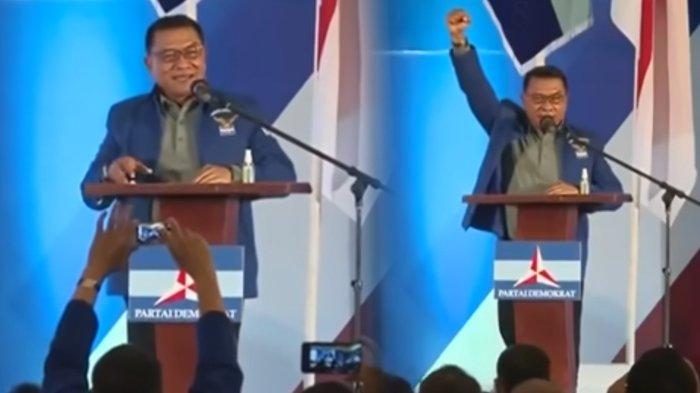 Eks Panglima TNI, Moeldoko saat memberikan pidato perdana sebagai Ketua Umum Partai Demokrat di KLB, Sibolangit, Deli Serdang, Sumatera Utara, Sabtu (05/03/2021). (Kolase TribunKaltara.com / Kompas TV