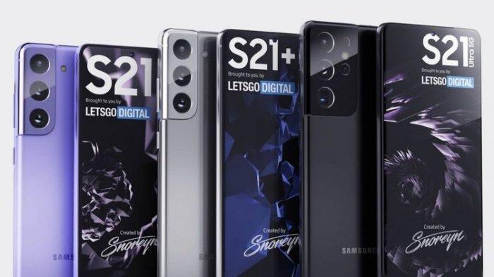 Deretan gambar render yang menampilkan sosok Galaxy S21, S21 Plus, dan S21 Ultra.