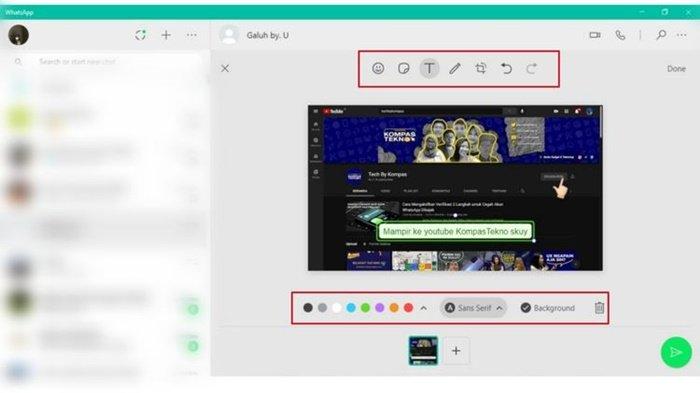 Tampilan baru jendela kirim foto di WhatsApp desktop dan web. Ada tools editing foto, seperti di WhatsApp mobile.
