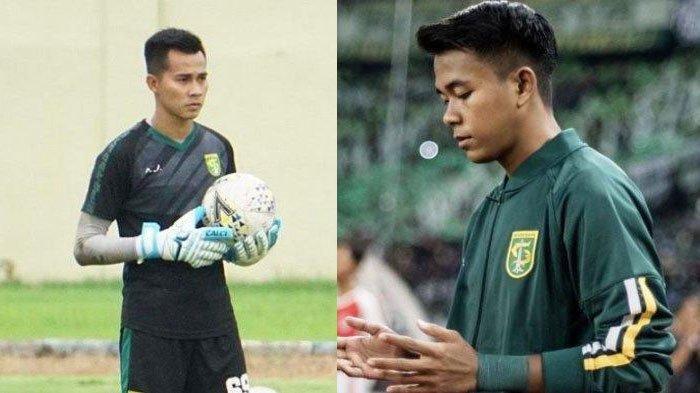 Kiper Persebaya Surabaya Angga Saputra (kiri), Pemain muda Persebaya Surabaya Muhammad Supriadi (kanan