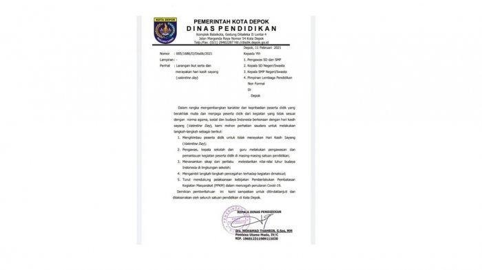 SE larangan merayakan Hari Valentine yang dikeluarkan Dinas Pendidikan Kota Depok (disdik.depok.go.id)