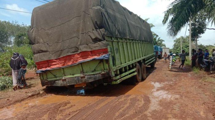 Kondisi jalan rusak di Dusun Nangkojajar, Desa Kalicinta, Kecamatan Kotabumi Utara, Lampung Utara, Minggu (14/3/2021).