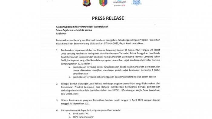 Jasa Raharja Lampung mendukung pelaksanaan program pemutihan pajak kendaraan bermotor tahun 2021 yang mulai dilaksanakan, mulai 1 April – 30 September
