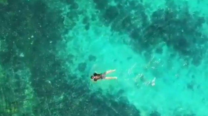 Aktivitas snorkling di pantai Tegal Mas Lampung dilihat dari atas.