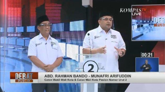 Calon Wali Kota dan Wakil Wali Kota Makassar nomor urut 2, Munafri Arifuddin-Rahman Bando (Appi-Rahman) tampil rileks pada sesi pertama debat publik Pilwalkot Makassar, Sabtu (7/11/2020).