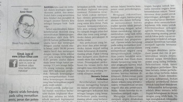 Opini Aswar Hasan di Tribun Timur cetak edisi Senin, 11 Januari 2021.