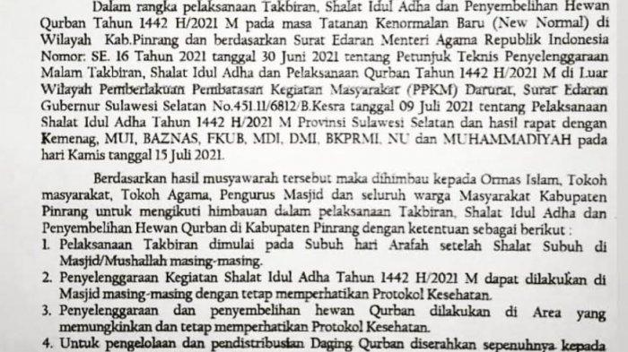 Bupati Pinrang, Andi Irwan Hamid mengeluarkan surat edaran terkait imbauan penyelenggaraan malam takbiran, salat Idul Adha dan pelaksanaan qurban tahun 1442 H2021. (Foto Pemkab Pinrang)