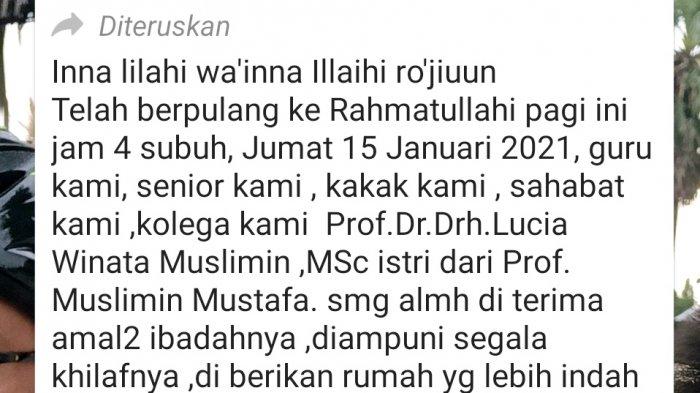 Kabar duka dari Unhas atas wafatnya Guru Besar Unhas di Group WhatsApp Forum Dosen dan Narasumber, Jumat (15/1/2021).