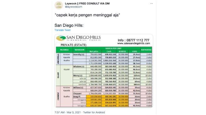 Screenshot kicauan pemilik akun @laywookcom soal San Diego Hills.