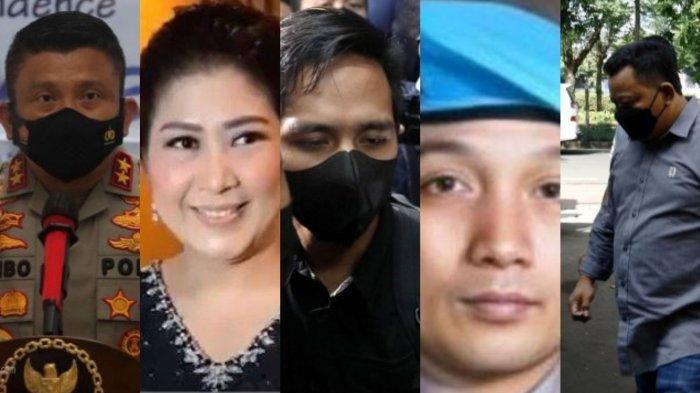 Kolase lima tersangka pembunuhan Brigadir J: (dari kiri ke kanan) Irjen Ferdy Sambo, Putri Candrawathi, Bharada Richard Eliezer atau Bharada E, Bripka Ricky Rizal alias Bripka RR, dan Kuat Maruf.