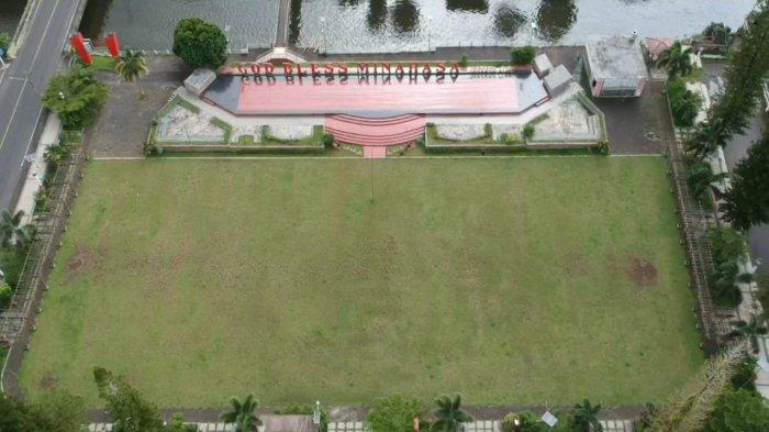 Foto dari udara God Bless Minahasa beserta kawasan bisnis dan kawasan pemerintahan yang berada di Kota Tondano, Sulawesi Utara, Minggu (19/12/2021).