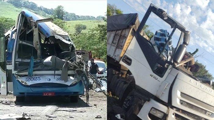 Bangkai bus dan truk usai saling bertabrakan