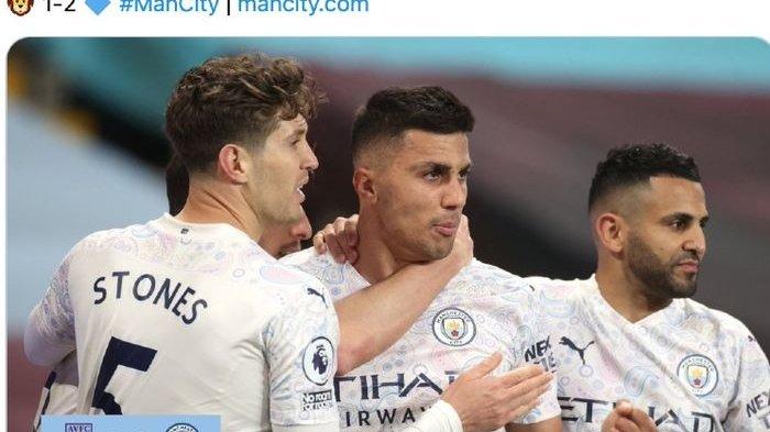 Para pemain Manchester City merayakan gol Rodrigo ke gawang Aston Villa pada laga di Stadion Villa Park, Rabu (21/4/2021) waktu setempat.