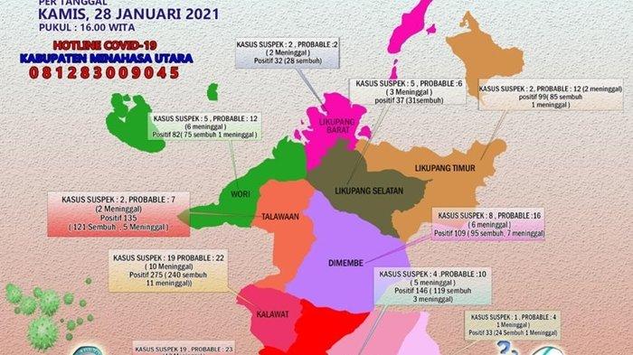 Peta penyebaran Covid-19 di Minut Kamis (28/1/2021).