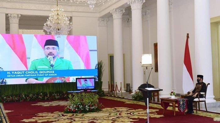 Presiden Joko Wododo membuka Konferensi Besar (Konbes) XXIII Gerakan Pemuda Ansor, 18 - 20 September 2020 di Mercure Hotel, Tateli, Minahasa, Sulawesi Utara. Pembukaan secara virtual dari Istana Kepresidenan Bogor, Provinsi Jawa Barat (18/9/2020).