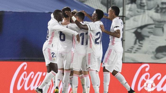 Selebrasi pemain Real Madrid usai mencetak gol ke gawang Barcelona, Sabtu (10/4/2021) atau Minggu dini hari WIB