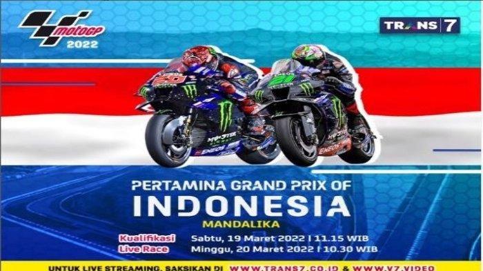 Seluruh agenda MotoGP Mandalika 2022 dapat disaksikan secara gratis live Trans7, pada Minggu (20/3/2022) mulai pukul 10.30 WIB.