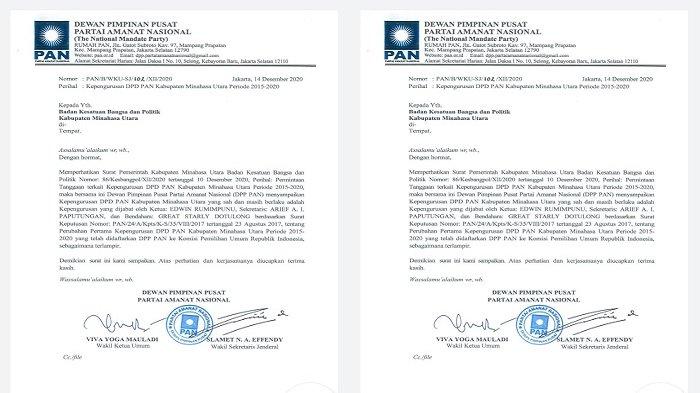 Surat DPP PAN nomor : PAN/B/WKU-SJ/102/XII/2020 tertanggal 14 Desember 2020 menegaskan pengurus yang sah yakni Ketua PAN Minut Edwin Rumimpunu ST, Sekretaris Arief Paputungan dan Bendahara Starly Dotulong SE.