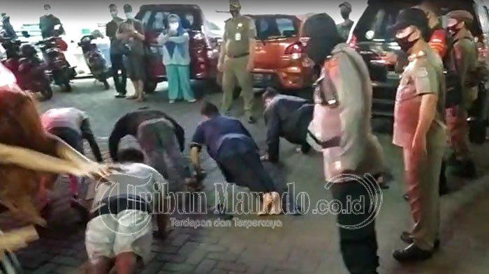 Tim Gabungan Satgas Covid 19 Manado memberikan sanksi push up kepada warga yang tak memakai Masker tadi malam Jumat 11 September 2020 Pukul 21.00 WITA di Jalan Martadinata Paal Dua.