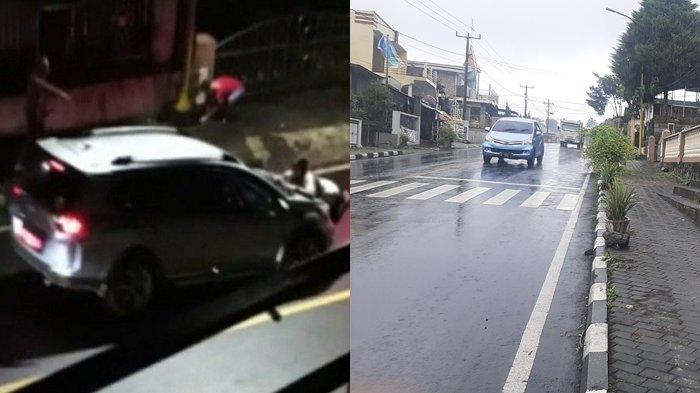 Tangkapan layar video yang beredar (kiri), dan Lokasi kejadian video viral perempuan diseret mobil Honda BRV Abu-abu DB 1513 BJ.