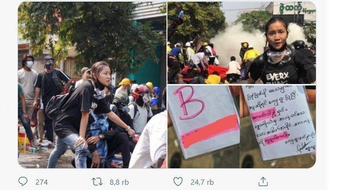 Ma Kyal Sin alias Angel mengenakan kaus bertuliskan 'Everything will be OK' di tengah demonstrasi antimiliter di Myanmar sebelum ia tewas tertembak.