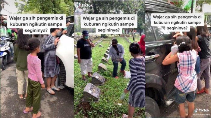 Tangkapan layar video unggahan akun TikTok @dimasnabawii. Aksi pengemis anak-anak mengikuti peziarah di Bandung sampai gedor mobil.