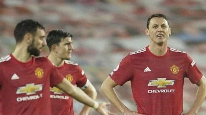 Para pemain Manchester United termasuk Bruno Fernandes dan Nemanja Matic bereaksi pada laga Man United vs Sheffield United, Kamis (28/1/2021) dini hari WIB.