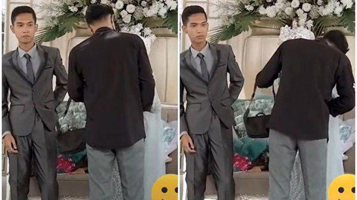 Pengantin pria berdiri canggung lantaran mantan kekasih pengantin wanita memeluk dan menciumnya si pengantin.