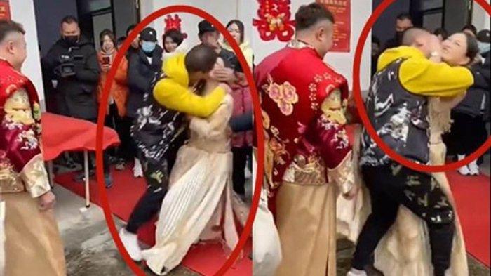 Seorang pengantin wanita dicium paksa oleh tamu pria, namun suaminya hanya melihatnya sambil tertawa.