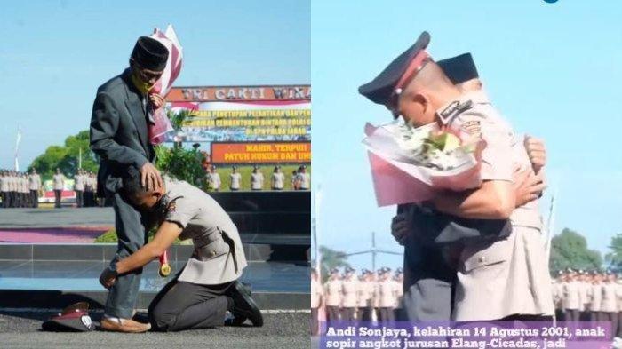 Andi Sonjaya (20), anak sopir angkot berhasil menjadi lulusan terbaik di SPN Polda Jabar, Kamis (7/7/2022). Dia bersujud dan memeluk kaki ayahnya.