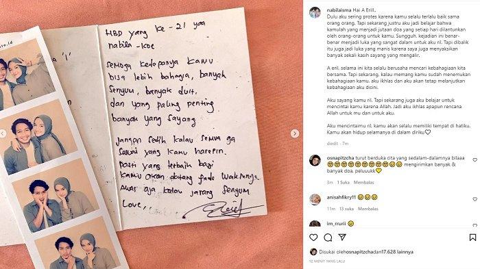 Isi pesan Eril untuk Nabila Isma di kartu ucapan ultah