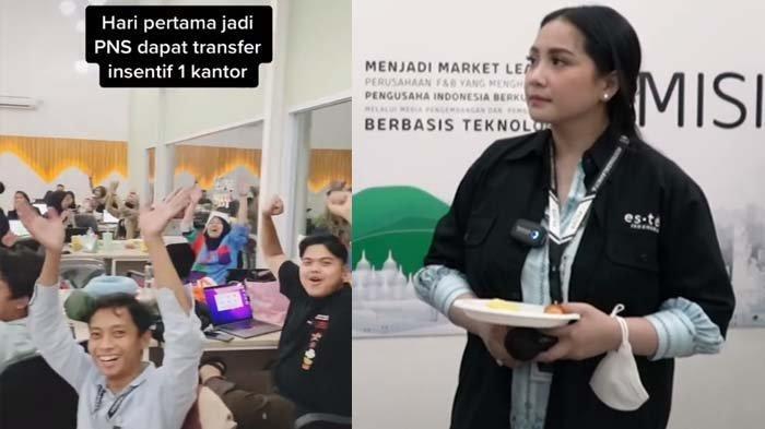 Karyawan Es Teh Indonesia histeris usai dapat bonus insentif usai satu hari jadi Pegawai Nagita Slavina alias PNS (kolase TikTok)